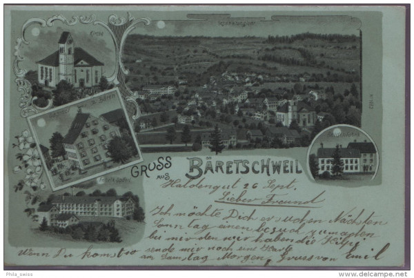 Bäretswil - Gruss aus Bäretschweil - Monscheinlitho - Kirche, Gasthof zum Bären, Fabrik Spörri, Seid