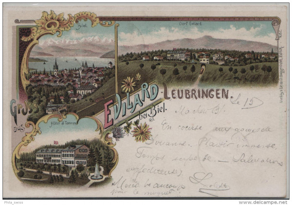 Gruss aus Evilard-Leubringen bei Biel - Biel, Dorf, Hotel zur Tanne - farbige Litho