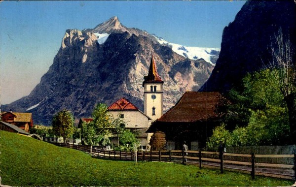 Grindelwald, Kirche und Wetterhorn Vorderseite