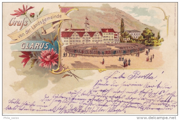 Glarus, Gruss von der Landsgemeinde - farbige Litho