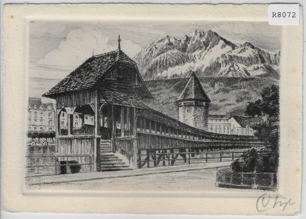 Luzern - Kapellbrücke und Wasserturm - Original-Radierung Handabzug