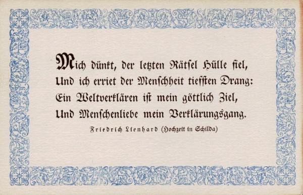 Spruchkarten von Friedrich Lienhards Werken, Hochzeit in Schilda; Mich Dünkt, der letzten Rästel... Vorderseite