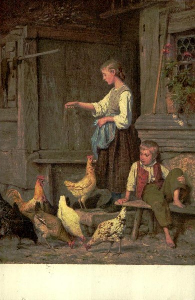 Die Hühner, Albert Anker Vorderseite