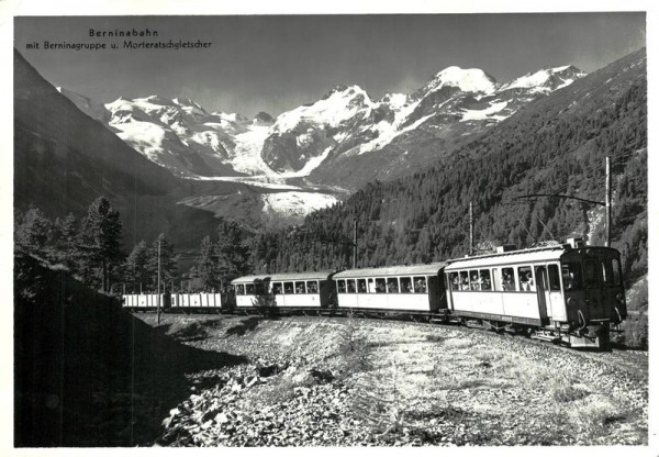 Berninabahn mit Berninagruppe und Morteratschgletscher. 1939 Vorderseite