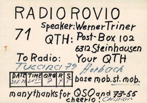 QSL- Karte, Rovio 71, Steinhausen Vorderseite