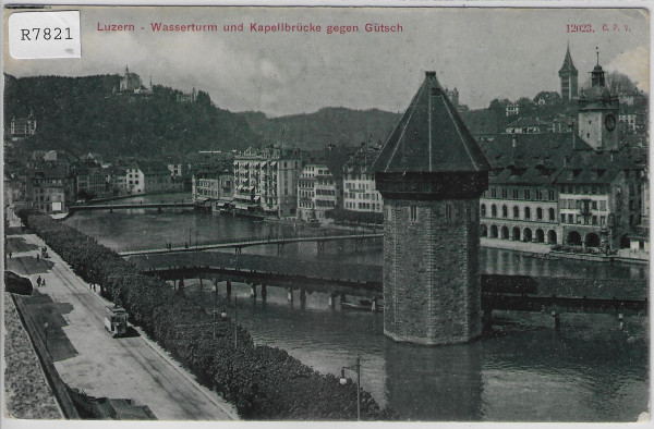 Luzern - Wasserturm und Kapellbrücke gegen Gütsch - Tram Tramway