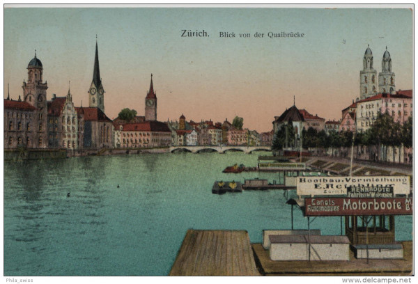 Zürich - Blick von der Quaibrücke - Bootbau Vermietung Motorboote - Fenster mit Glanz effekt