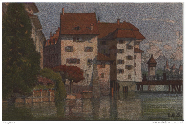 Luzern - Partie an der Reuss - Künstlerkarte E.E.S. - Steindruck Litho