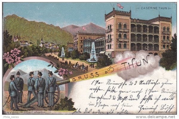 Thun, Gruss aus - Caserne Thun - farbige Litho