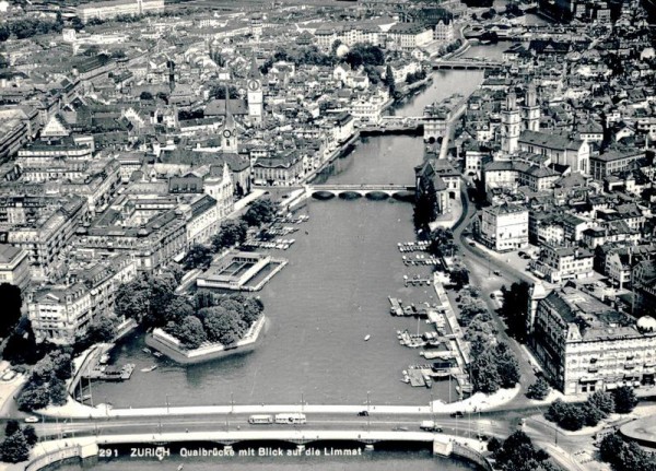 Zürich, Quaibrücke mit Blick auf die Limmat Vorderseite
