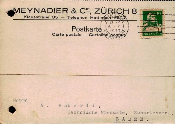 Bestellkarte, Meynadier & Cie, Zürich, 1927 Vorderseite