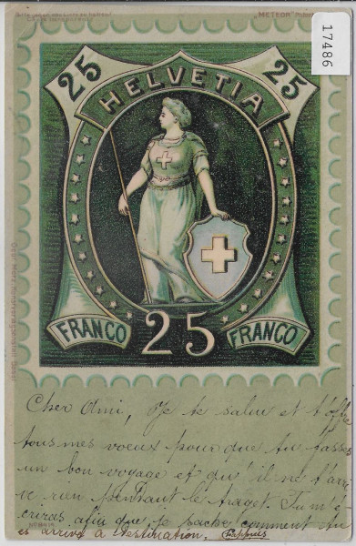Stehende Helvetia 25 Franco - Litho - Briefmarke auf Postkarte 1900