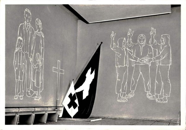 Wir wollen frei sein, wie die Väter waren.. Wandmalerei I. Sgraffito O. Baumberger, «Heimat und Volk» Höhenstrasse: Schweizerische Landesausstellung 1939 Zürich Vorderseite