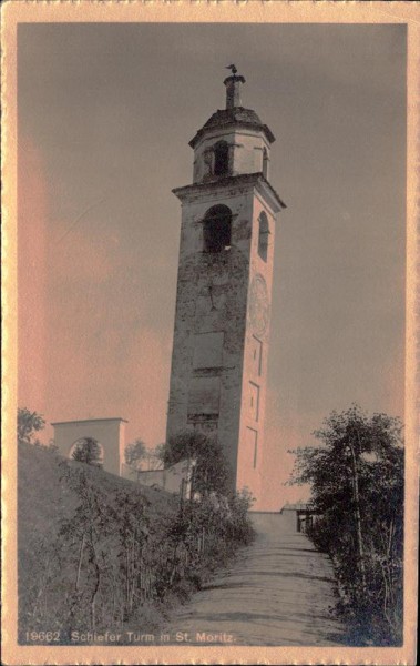 Schiefer Turm in St. Moritz Vorderseite