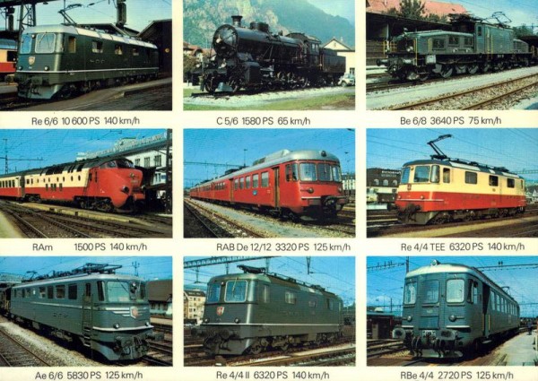 Re 6/6, C5/6, Be 6/8, RAm, RAB De 12/12, Re 4/4 TEE, Ae6/6, Re 4/4 II, RBe 4/4 Vorderseite