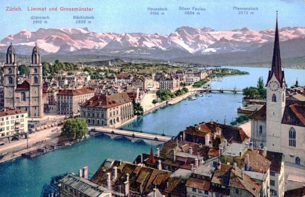 Zürich, Limmat und Grossmünster Vorderseite
