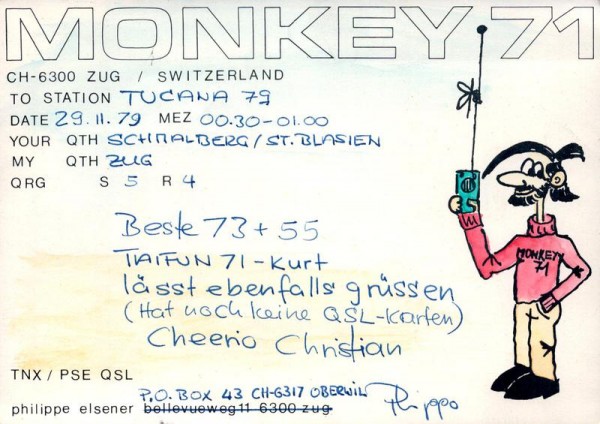 QSL- Karte, Monkey 71, Oberwil Vorderseite