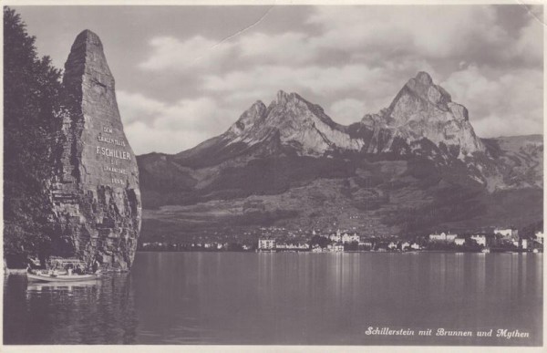 Schillerstein mit Brunnen und Mythen Vorderseite