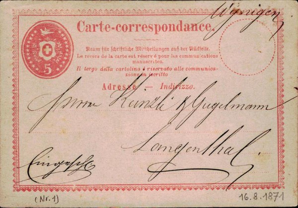 Korrespondenzkarte an Künzli & Gugelmann, Langenthal 1871 Vorderseite
