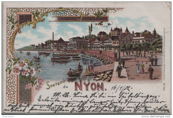 Nyon, Souvenir de - La Chateau et le Port - couleur Litho