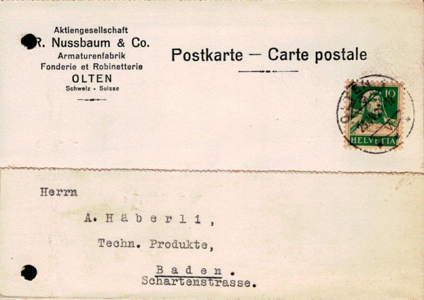 Bestellkarte, Nussbaum & Co, Olten, 1927 Vorderseite