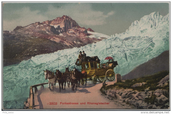 Furkastrasse und Rhonegletscher mit Postkutsche