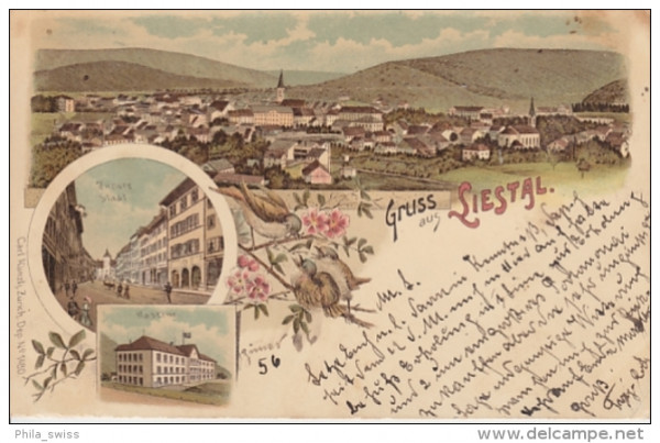 Liestal, Gruss aus - farbige Litho - Totalansicht, JnnereStadt, Kaserne