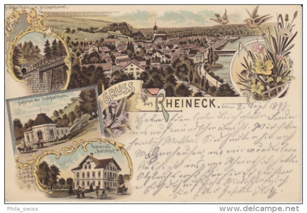 Rheineck, Gruss aus - farbige Litho - Drahrseilbahn, Bahnhof, Rest. Bahnhof, Dorfansicht