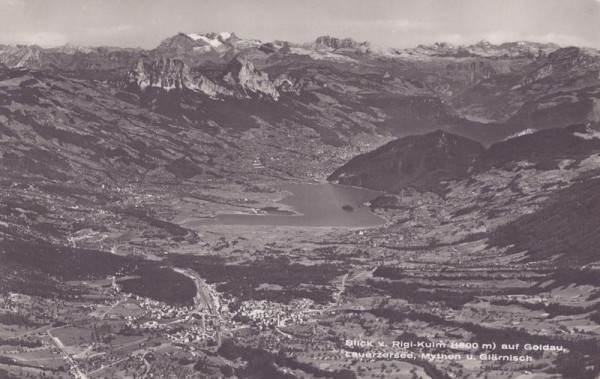 Blick vom Rigi-Kulm auf Goldau, Lauerzersee, Mythen u. Glärnisch Vorderseite