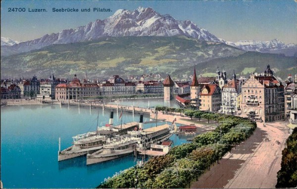 Luzern. Seebrücke und Pilatus (2128 m) Vorderseite