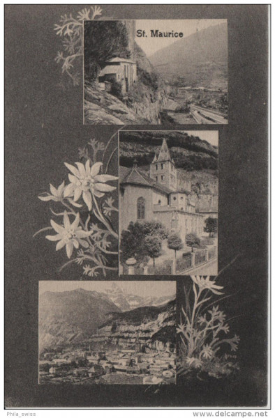 St. Maurice - Edelweiss Karte mit 3 Bilder - Cachet: Lavey-les-Bains - H. Guggenheim No. 9097