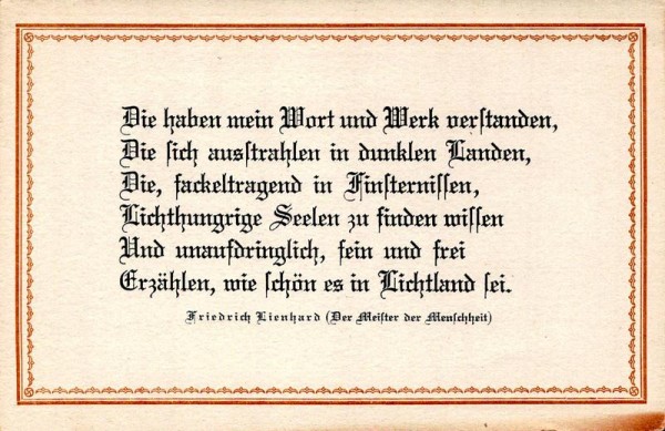 Spruchkarten von Friedrich Lienhards Werken, Der Meister der Menschheit; Die haben mein Wort und Werk... Vorderseite