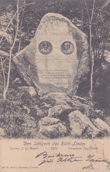 Denkmal. Den Sänger des Rütli-Liedes, Dichter J. G. Krauer und Componist Jos. Kreith 1821 Vorderseite