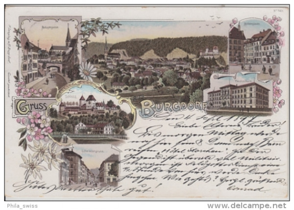 Burgdorf, Gruss aus - farbige Litho - Metzgergasse, Hohengasse, Schloss, Technikum, Schiedengasse