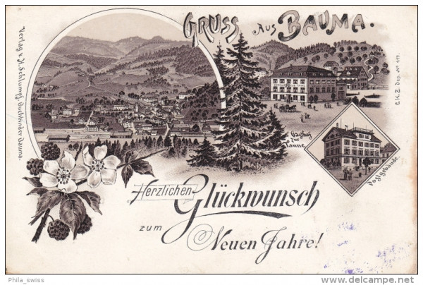 Bauma, Gruss aus - Neujahrs Litho - Postgebäude, Gasthof z. Tanne, Gesamtansicht