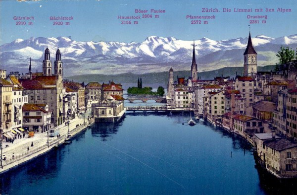 Zürich - Die Limmat mit den Alpen