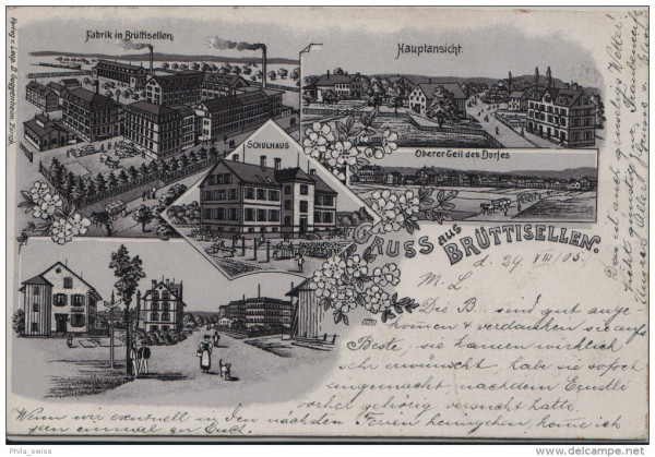 Brüttisellen, Gruss aus - schwarze Litho - Fabrik, Hauptansicht, Schulhaus, Oberer Teil des Dorfes