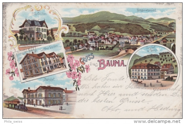 Bauma, Gruss aus - Litho - Villa Otiker, Coiffeur Walder, Bahnhof, Gasthof z. Tanne, Gesamtansicht