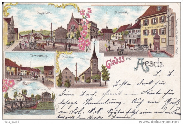 Aesch BL - farbige Litho - Ausserdorf, Mitteldorf, Herrenstrasse, Pfarrhaus mit Kirche, Hotel Jura