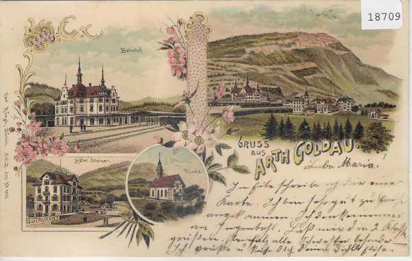 Gruss aus Arth-Goldau - Litho 1899 - Bahnhof, Hotel Steiner, Totalansicht, Kirche