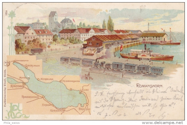 Romanshorn - farbige Litho - mit See, Bahnhof und Hafen