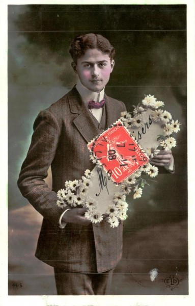 Mann mit Blumenschild Vorderseite