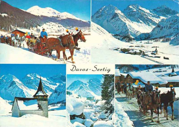Davos-Sertig. Schlittenfahrt, Sertig-Dörfli, Sertig-Kirchli, Bach, Abfahrt