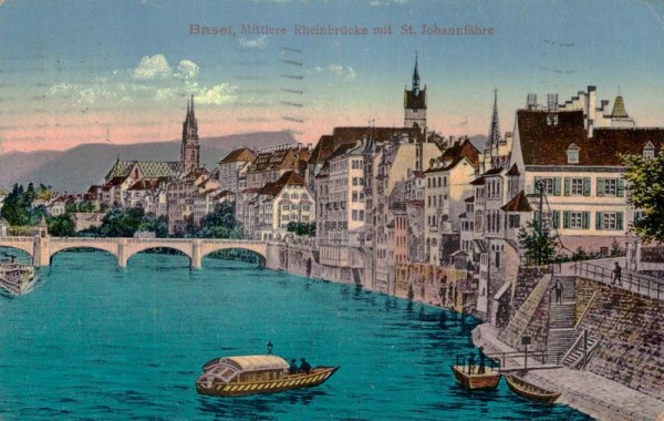 Basel, Mittlere Rheinbrücke mit St.Johannfähre Vorderseite