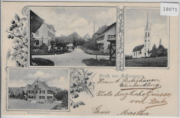 Gruss aus Scherzingen - Dorfpartie, Kirche, Wirtschaft zur Post