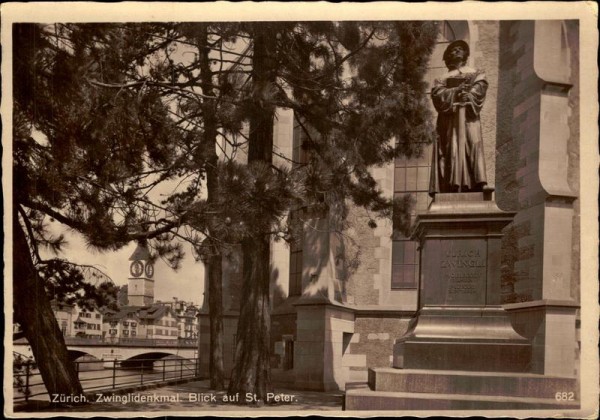 Zwinglidenkmal/Blick auf St.Peter (Zürich) Vorderseite