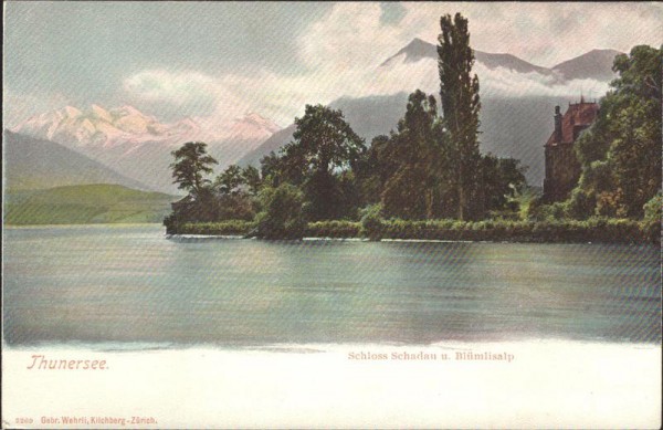 Thunersee. Schloss Schadau und Blümlisalp (3661 m) Vorderseite