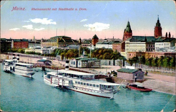 Mainz. Rheinansicht mit Stadthalle und Dom Vorderseite
