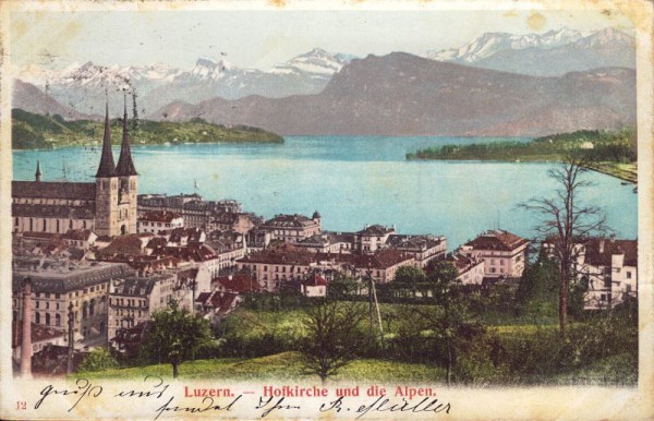 Luzern - Hofkirche und die Alpen
