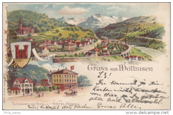 Wolhusen, Gruss aus - Tuchhandlung Roos, Hotel Rössli, Gesamtansicht - farbige Litho
